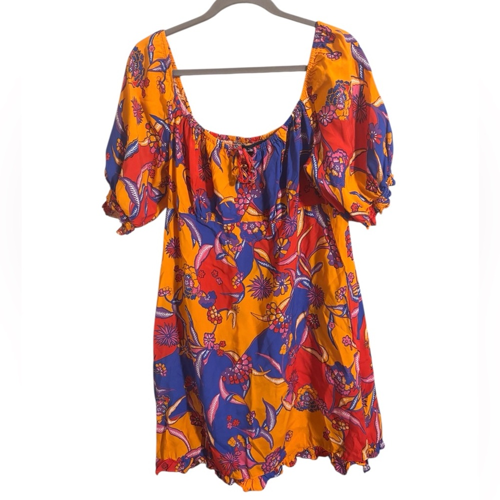 ModCloth Taking A Tropical Twirl Floral Orange Blue Babydoll Dress XL